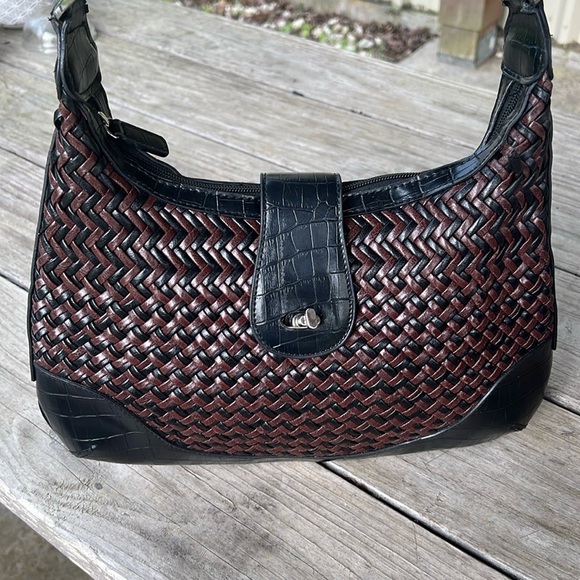 Coldwater Creek Black Brown Woven Hobo Shoulder Bag Faux Croc Trim - Picture 2 of 10